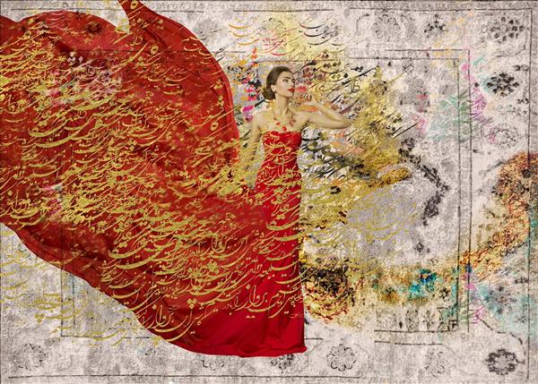دختری با لباس قرمز و خوشنویسی شعر دیجیتال آرت 