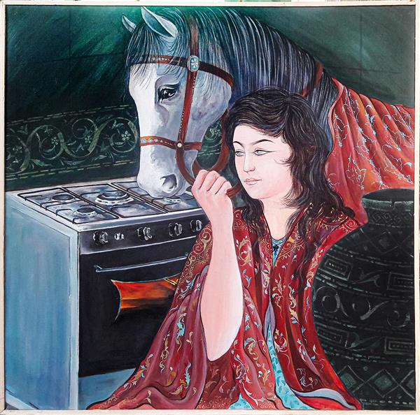 ترکیب سنت با مدرن نقاشی مینیاتور و نگارگری دختر با اسب خاکستری در کنار اجاق گاز در آشپزخانه اثر سهیلا جاهد