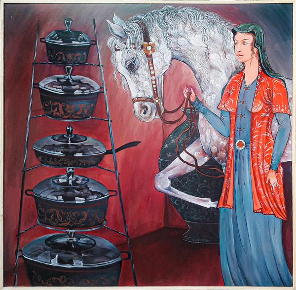 ترکیب سنت با مدرنیته نقاشی مینیاتور و نگارگری دختری با اسب سفید در کنار قابلمه ها در آشپزخانه اثر سهیلا جاهد
