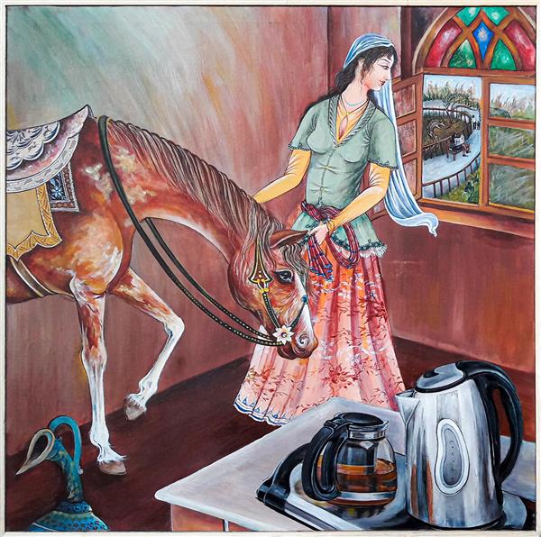ترکیب سنت با مدرنیته نقاشی مینیاتور و نگارگری دختر ایرانی با اسب قهوه ای از پنجره به حیاط نگاه میکند چای ساز و کوزه اثر سهیلا جاهد