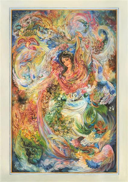 شکفتن نقاشی مینیاتور و نگارگری فرشته دختر زیبا در میان آسمان و پرندگان اثر سهیلا جاهد