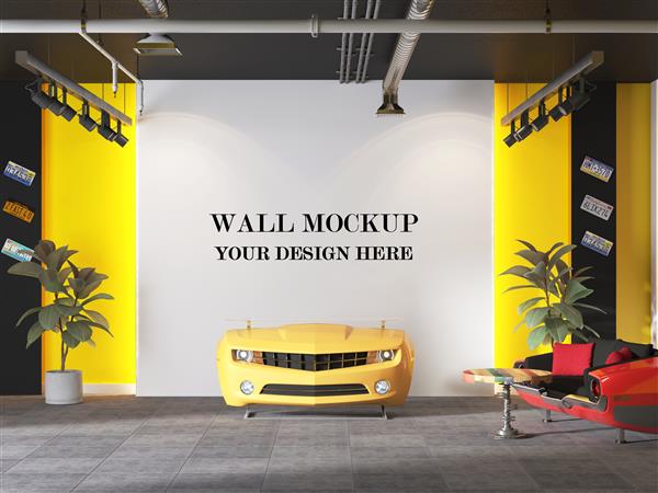 موکاپ پوستر دیواری در پذیرایی مدرن با طراحی مینیمالیستی