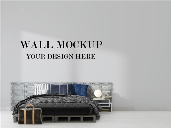موکاپ پوستر دیواری خالی به سبک اتاق خواب در رندر سه بعدی