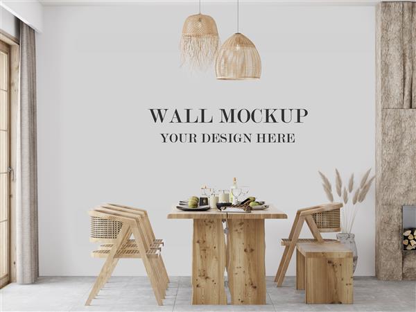 طرح موکاپ دیوار در فضای داخلی با ست میز چوبی