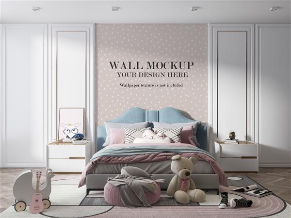 موکاپ طرح دیوار روی اتاق خواب دخترانه که با اسباب بازی تزئین شده است