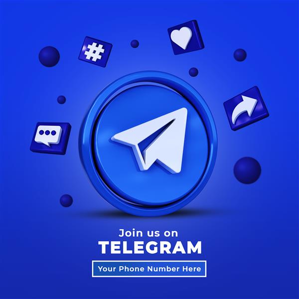ما را در بنر مربع رسانه های اجتماعی تلگرام با لوگوی سه بعدی و مشخصات پیوند دنبال کنید