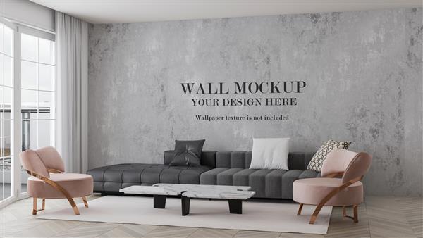 موکاپ طرح دیوار در داخل با صندلی های صورتی و مبل خاکستری