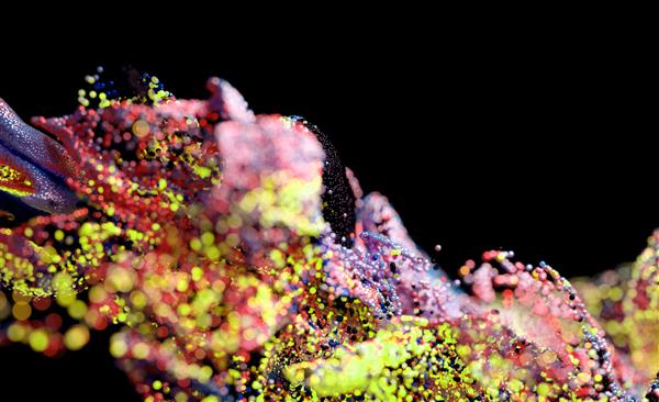 هنر انتزاعی سه بعدی با بخشی از ساختار ابر دود بر اساس ذرات توپ های کوچک به رنگ قرمز روی سیاه