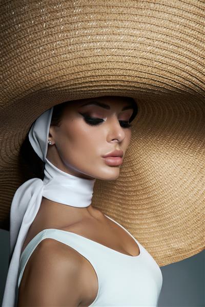 زن زیبایی با کلاه حصیری بزرگ و لباس تابستانی سبک آرایش دودی پرتره کامل یک زن
