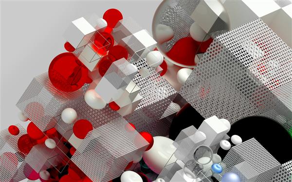 مکعب یا جعبه بازی پازل هنری در نمای ایزومتریک بر اساس ارقام کوچک و بزرگ هندسی به عنوان مکعب در ساختار ساختار سیم یا توروس توپ به رنگ قرمز آبی و سفید