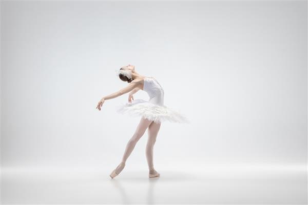 رقصنده با شکوه رقاصه کلاسیک جدا شده در زمینه استودیوی سفید زن با لباسهای لطیف مانند شخصیتهای قو سفید مفهوم فضل هنرمند حرکت کنش