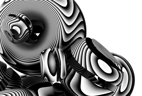 رندر سه بعدی از ترکیب هنری سیاه و سفید انتزاعی با قسمتی از بادکنک های دونات سوررئال یا حباب در اشکال نرم گرد با پلاستیک مات سفید با خطوط موازی مشکی یا خطوط روی سطح