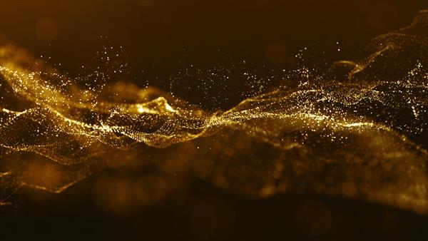 چکیده ذرات دیجیتال رنگ طلا با بوکه و پس زمینه روشن موج می زند