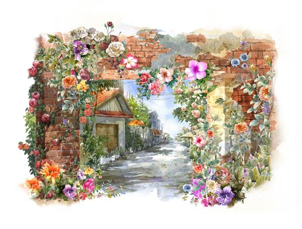 خلاصه نقاشی آبرنگ گل های رنگارنگ بهار با ساختمانها و دیوارها