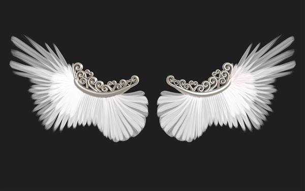 تصویر سه بعدی بال های فرشته پرهای بال سفید جدا شده روی سیاه با مسیر برش