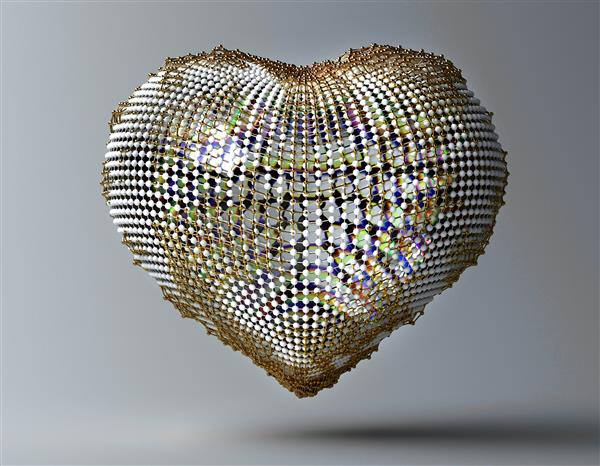 هنر سه بعدی با قلب فلزی انتزاعی و قلب شیشه ای