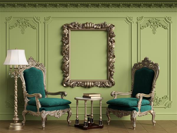 صندلی ها در فضای داخلی کلاسیک با قاب کلاسیک خالی روی دیوار گامای سبز