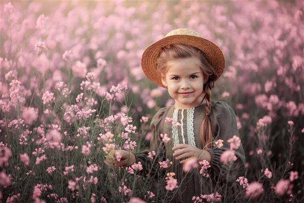پرتره یک دختر زیبا در پرتوهای غروب خورشید در مزرعه ای از گیاهان صورتی گلدار