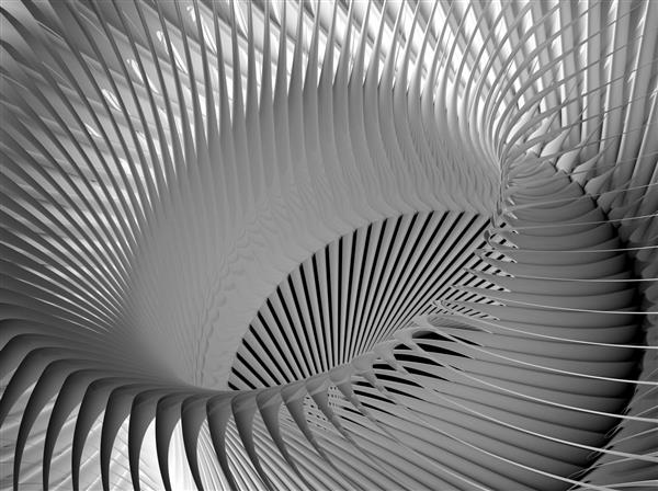 رندر سه بعدی هنر انتزاعی سیاه و سفید با زمینه سه بعدی با قسمتی از موتور جت توربین صنعتی مکانیکی سورئال