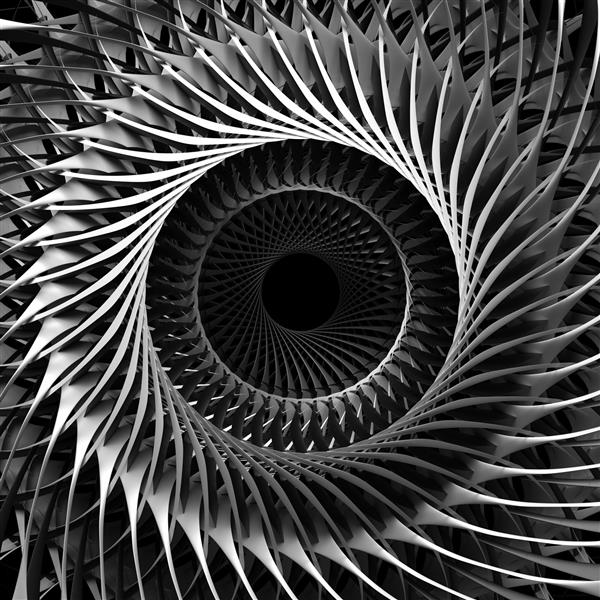 رندر سه بعدی هنر انتزاعی سیاه و سفید با زمینه سه بعدی با بخشی از موتور جت توربین صنعتی مکانیکی سورئال