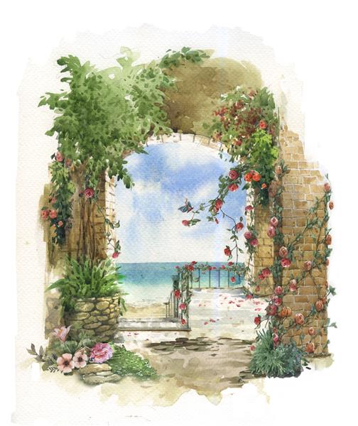 خلاصه نقاشی آبرنگ گل های رنگارنگ چشمه با ساختمان ها و دیوارهای نزدیک دریا