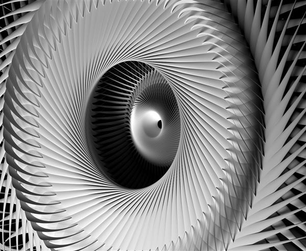 هنر انتزاعی سیاه و سفید سه بعدی با قسمتی از موتور جت توربین صنعتی مکانیکی سورئال یا گل یا نماد خورشید