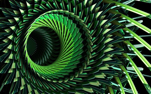 پس زمینه هنر انتزاعی سه بعدی با قسمتی از گل متقارن سورئال به عنوان موتور جت توربین با تیغه های تیز گرادیان سبز در زمینه سیاه