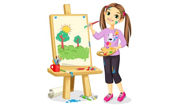 نقاشی دختر هنرمند روی بوم با تصویر زیبا