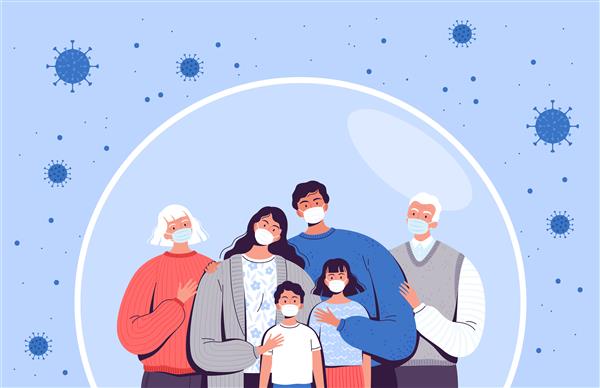 خانواده با ماسک پزشکی در حباب محافظ ایستاده اند بزرگسالان افراد مسن و کودکان در برابر کروناویروس جدید کووید -۱۹ مصون هستند