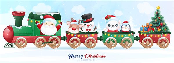 بابا نوئل ناز و دوستان در قطار برای تصویر روز کریسمس نشسته اند