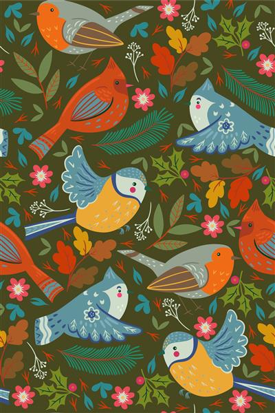 الگوی بدون درز با پرندگان زمستانی و عناصر گل