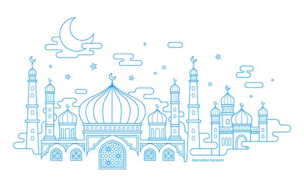 خوشنویسی ماه رمضان کریم با مناظر مسجد به سبک باریک در زمینه سفید