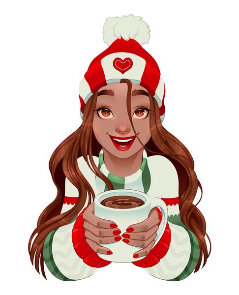 دختر کریسمس با شکلات داغ در دستانش
