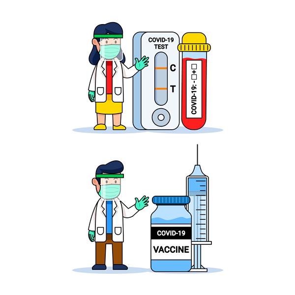 دکتر شخصیت کارتونی زیبا با ابزار تشخیص کووید و بطری واکسن