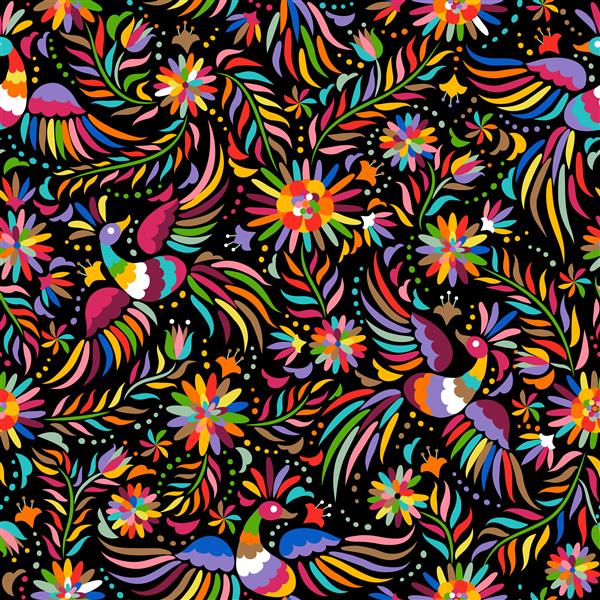 الگوی یکپارچه رنگین کمان مکزیکی با پرندگان و گل
