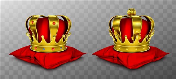 تاج سلطنتی طلا برای پادشاه و ملکه روی بالش قرمز