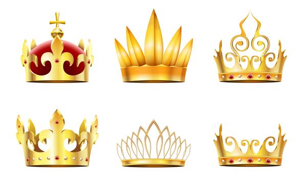 تاج و تاج واقع بینانه تاج های سلطنتی طلایی مجموعه ملکه های طلایی و تاج پادشاهان