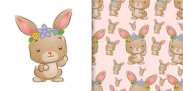 نقاشی آبرنگ خرگوش با استفاده از تاج گل بر روی سر الگوی مجموعه ای از تصویر