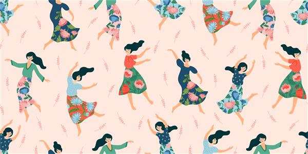 الگوی بدون درز با زنان رقصنده زیبا مفهوم روز جهانی زن و سایر کاربردها