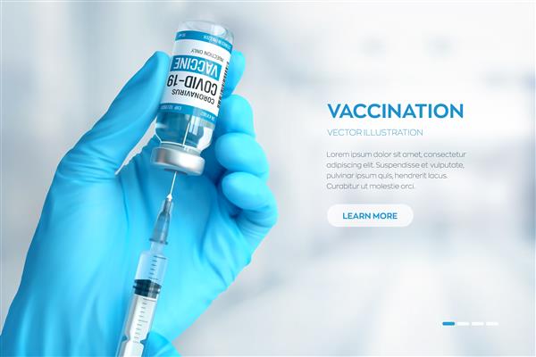 بنر واکسن کروناویروس کووید -19 مفهوم واکسیناسیون دست پزشک در دستکش های آبی بطری و سرنگ واکسن دارو را در دست دارد