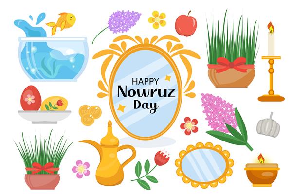 مجموعه اشیاء روز نوروز مبارک مجموعه ای از عناصر با چمن گلدان گل سنبل آکواریوم با ماهی قرمز آینه سال نو در ایران