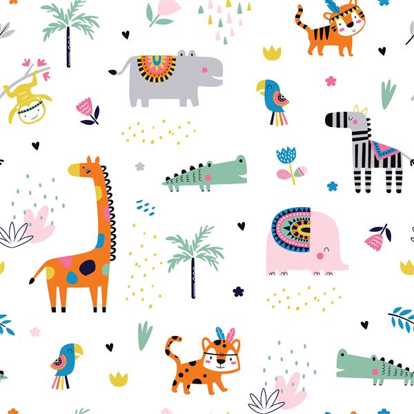 الگوی بدون درز با حیوانات گرمسیری قبیله ای پس زمینه مهد کودک خلاق مناسب برای طراحی بچه ها پارچه بسته بندی کاغذ دیواری منسوجات پوشاک