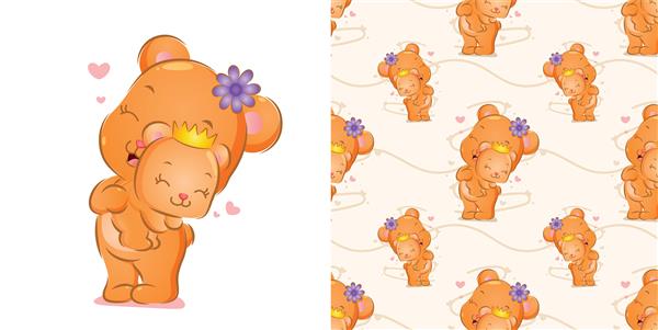 الگوی خرس شاد ایستاده است با گلی بر سر که حامل یک کودک تصویر است