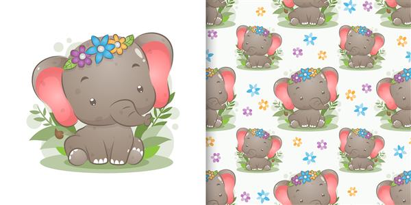 بچه فیل رنگی با تاج گل روی باغ تصویر نشسته است