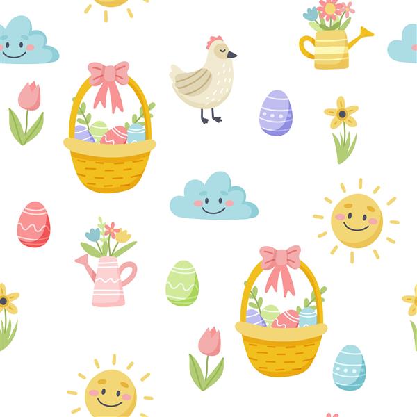 الگوی بهار عید پاک با تخم مرغ و گلهای زیبا عناصر کارتونی تخت با دست کشیده شده