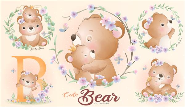 خرس کوچک زیبا با مجموعه تصویر آبرنگ