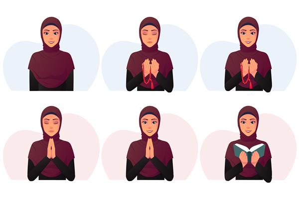 مجموعه زن کارتونی مسلمان با لباس مشکی و حجاب قرمز