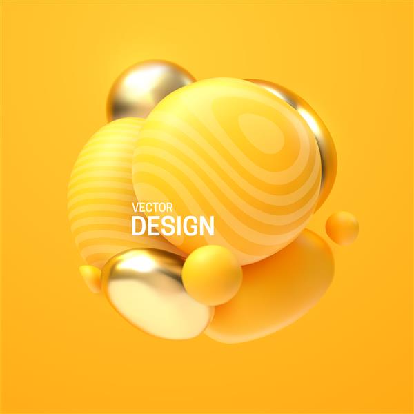 ترکیب انتزاعی با خوشه حباب های سه بعدی زرد و طلایی