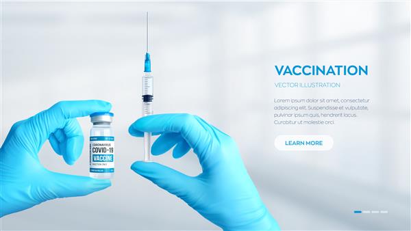بنر واکسیناسیون دستان خود را در دستکش های طبی نگه دارید تا ویال شیشه ای طبی تزریق شود و سرنگ با واکسن
