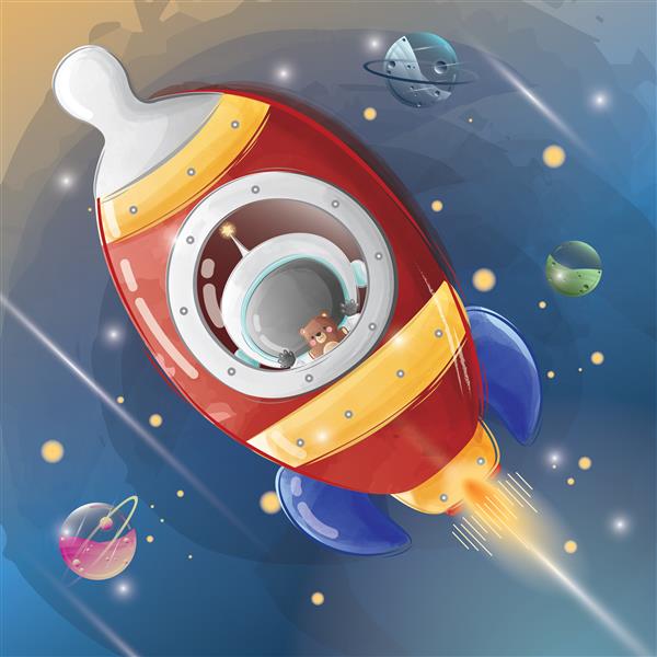 فضانورد کوچک با موشک پرواز می کند